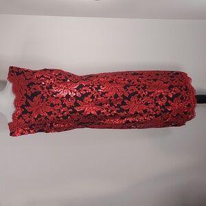 Tadashi Shoji Black Red Floral Sequined Sheath Cocktail Party Dress Size 14